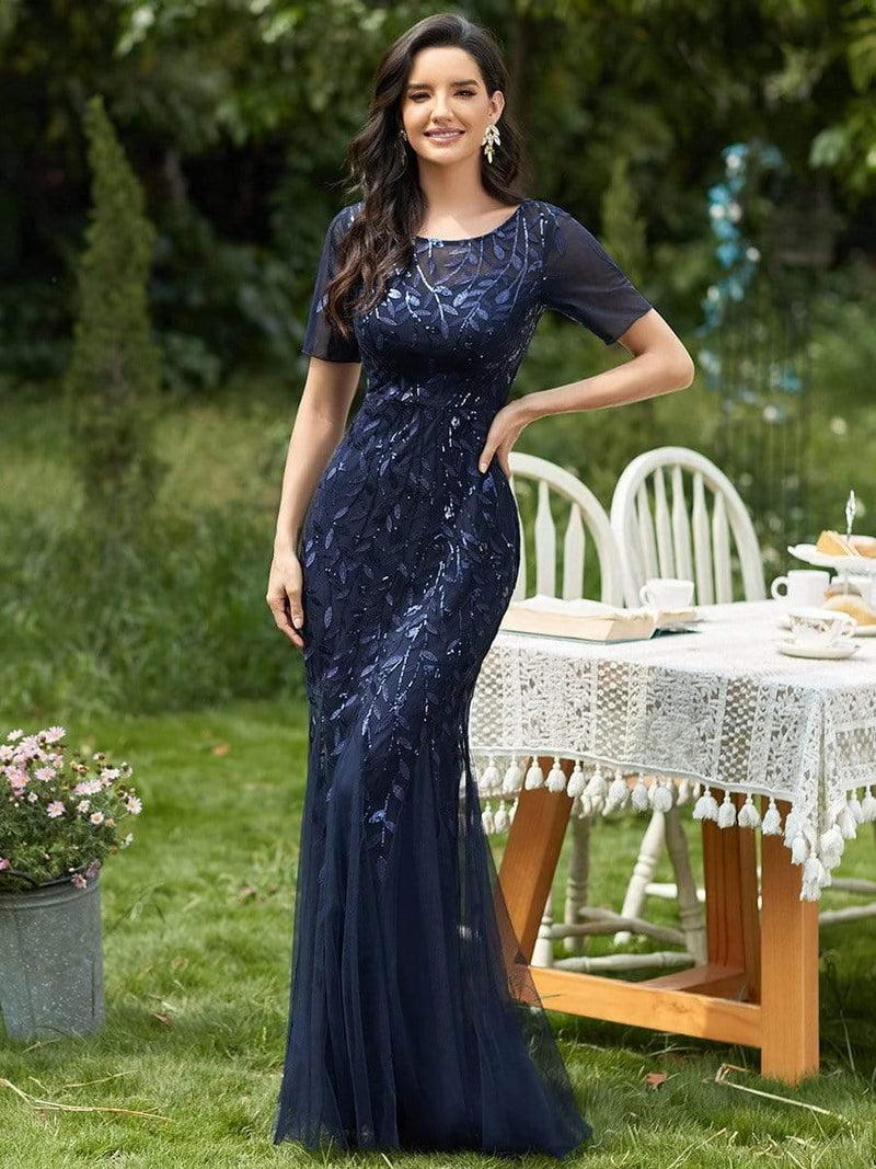 ever JADEN|Floral Sequin Maxi Fishtail Tulle Formal Evening Dress with Short Sleeve