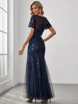 ever JADEN|Floral Sequin Maxi Fishtail Tulle Formal Evening Dress with Short Sleeve