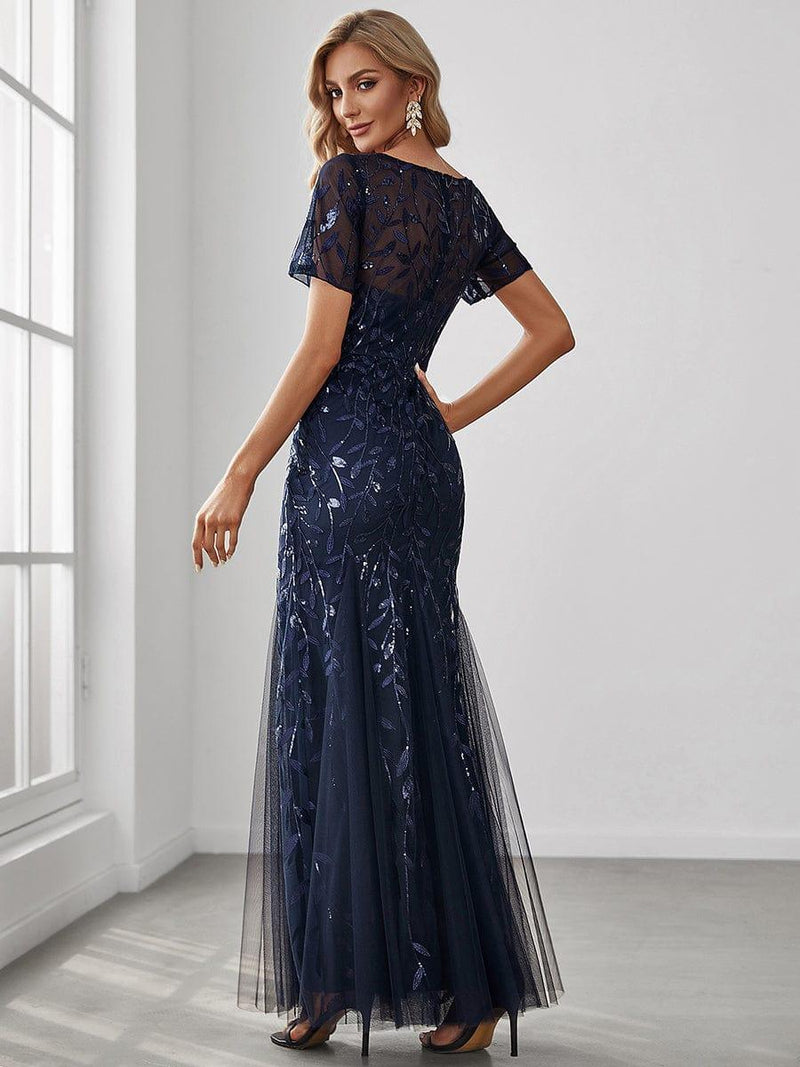 ever JADEN|Floral Sequin Maxi Fishtail Tulle Formal Evening Dress with Short Sleeve
