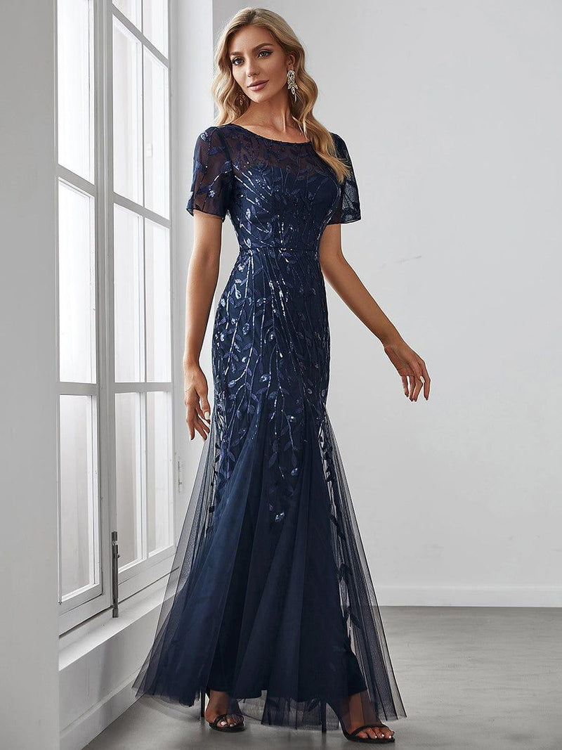 ever JADEN|Floral Sequin Maxi Fishtail Tulle Formal Evening Dress with Short Sleeve