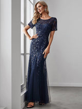 ever JADEN|Floral Sequin Maxi Fishtail Tulle Formal Evening Dress with Short Sleeve