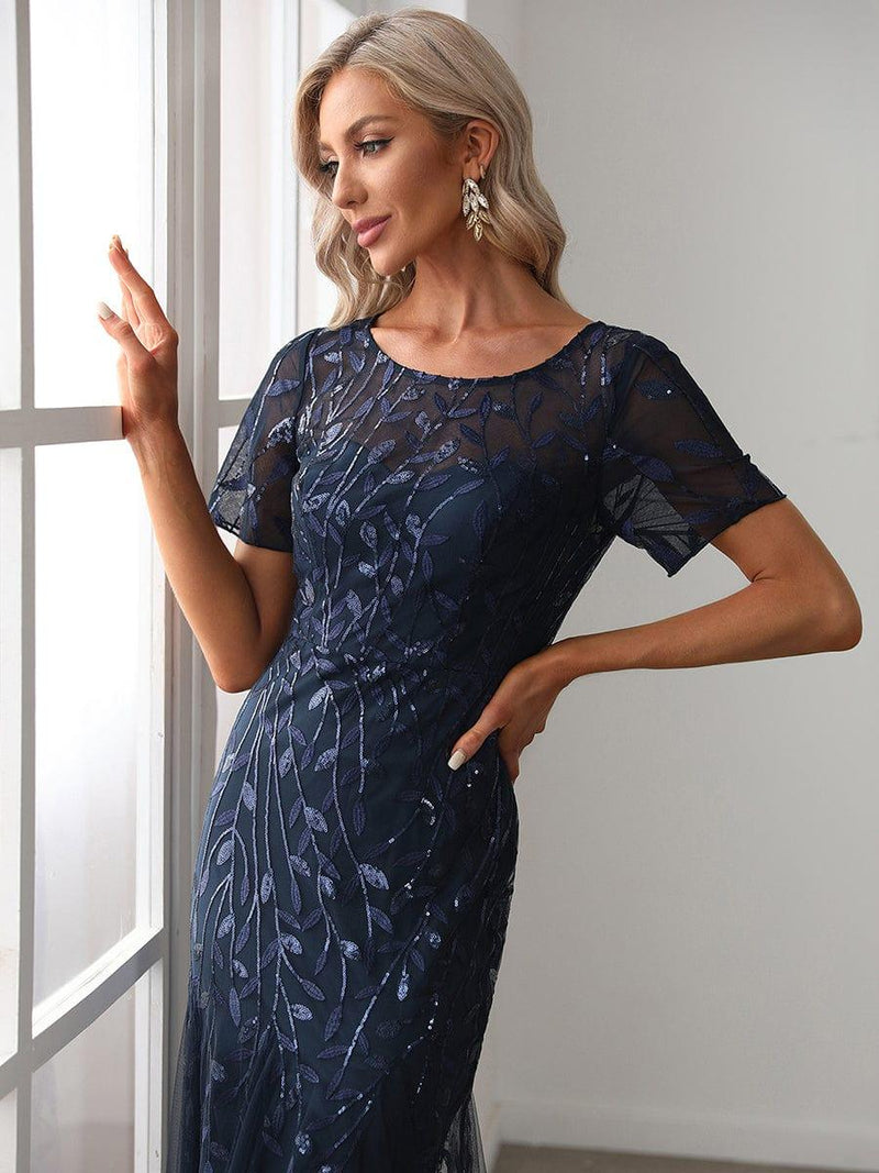 ever JADEN|Floral Sequin Maxi Fishtail Tulle Formal Evening Dress with Short Sleeve