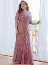 pretty JADEN|Floral Sequin Print Plus Size Mermaid Tulle Evening Dress