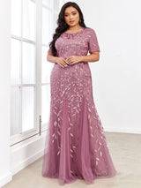ever JADEN|Floral Sequin Maxi Fishtail Tulle Formal Evening Dress with Short Sleeve
