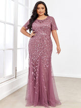 ever JADEN|Floral Sequin Maxi Fishtail Tulle Formal Evening Dress with Short Sleeve