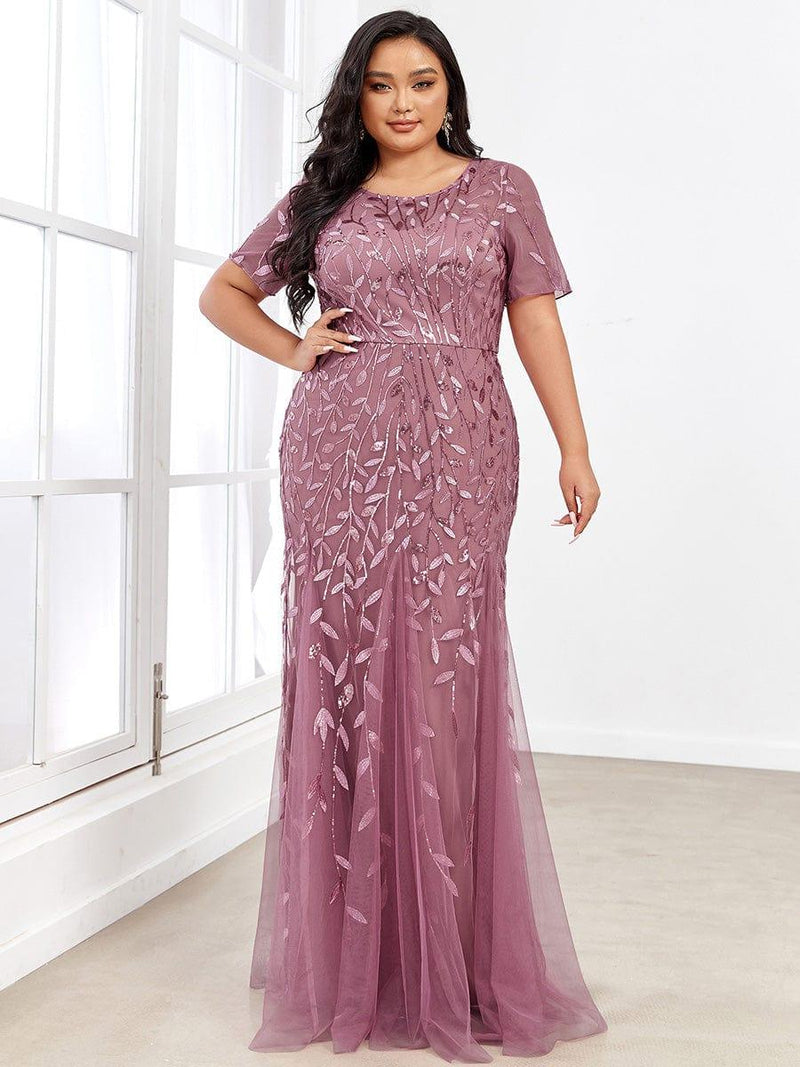 ever JADEN|Floral Sequin Maxi Fishtail Tulle Formal Evening Dress with Short Sleeve