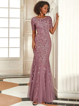 ever JADEN|Floral Sequin Maxi Fishtail Tulle Formal Evening Dress with Short Sleeve