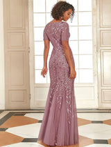 ever JADEN|Floral Sequin Maxi Fishtail Tulle Formal Evening Dress with Short Sleeve