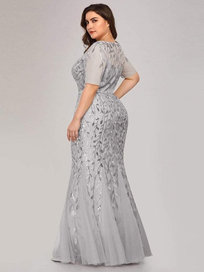 ever JADEN|Floral Sequin Maxi Fishtail Tulle Formal Evening Dress with Short Sleeve