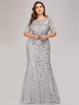 pretty JADEN|Floral Sequin Print Plus Size Mermaid Tulle Evening Dress