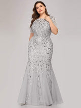 ever JADEN|Floral Sequin Maxi Fishtail Tulle Formal Evening Dress with Short Sleeve