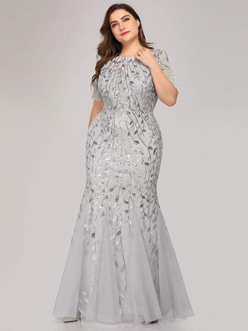 ever JADEN|Floral Sequin Maxi Fishtail Tulle Formal Evening Dress with Short Sleeve