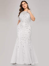 pretty JADEN|Floral Sequin Print Plus Size Mermaid Tulle Evening Dress