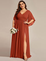 ever ELYAN|Half Sleeve V-Neck Pleated High Slit A-Line Chiffon Bridesmaid Dress