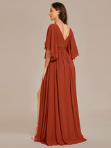 ever ELYAN|Half Sleeve V-Neck Pleated High Slit A-Line Chiffon Bridesmaid Dress