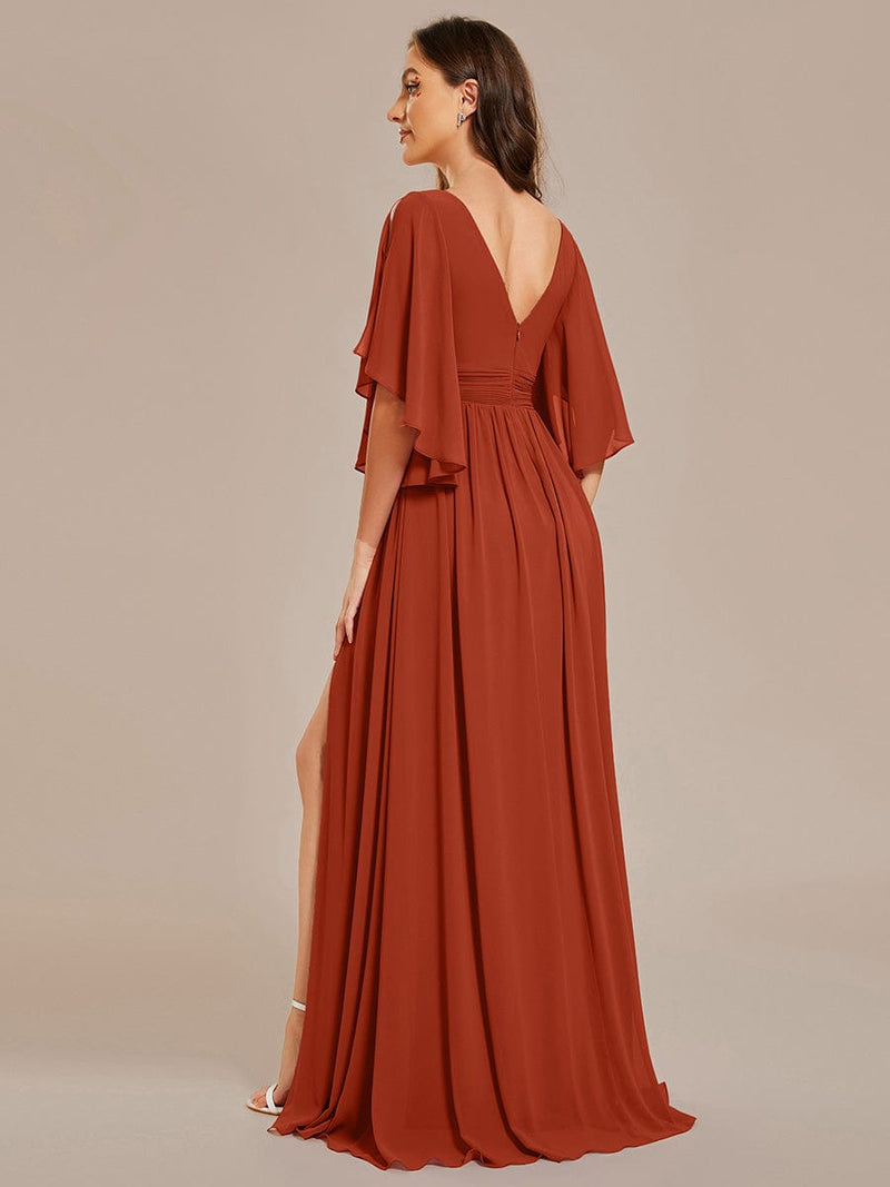 ever ELYAN|Half Sleeve V-Neck Pleated High Slit A-Line Chiffon Bridesmaid Dress