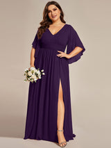 ever ELYAN|Half Sleeve V-Neck Pleated High Slit A-Line Chiffon Bridesmaid Dress