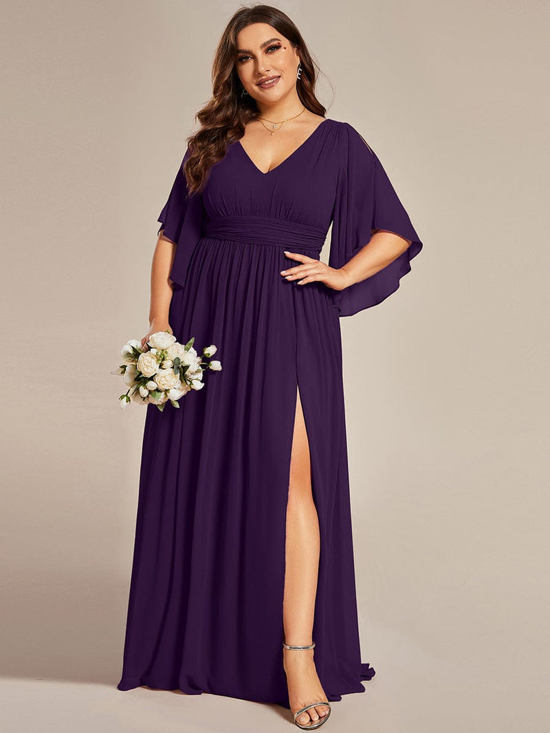 ever ELYAN|Half Sleeve V-Neck Pleated High Slit A-Line Chiffon Bridesmaid Dress
