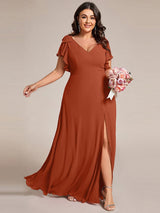 pretty ROSY|Plus Size Split Ruffles Sleeves with Bowknot Double V-neck Chiffon Bridesmaid Dress