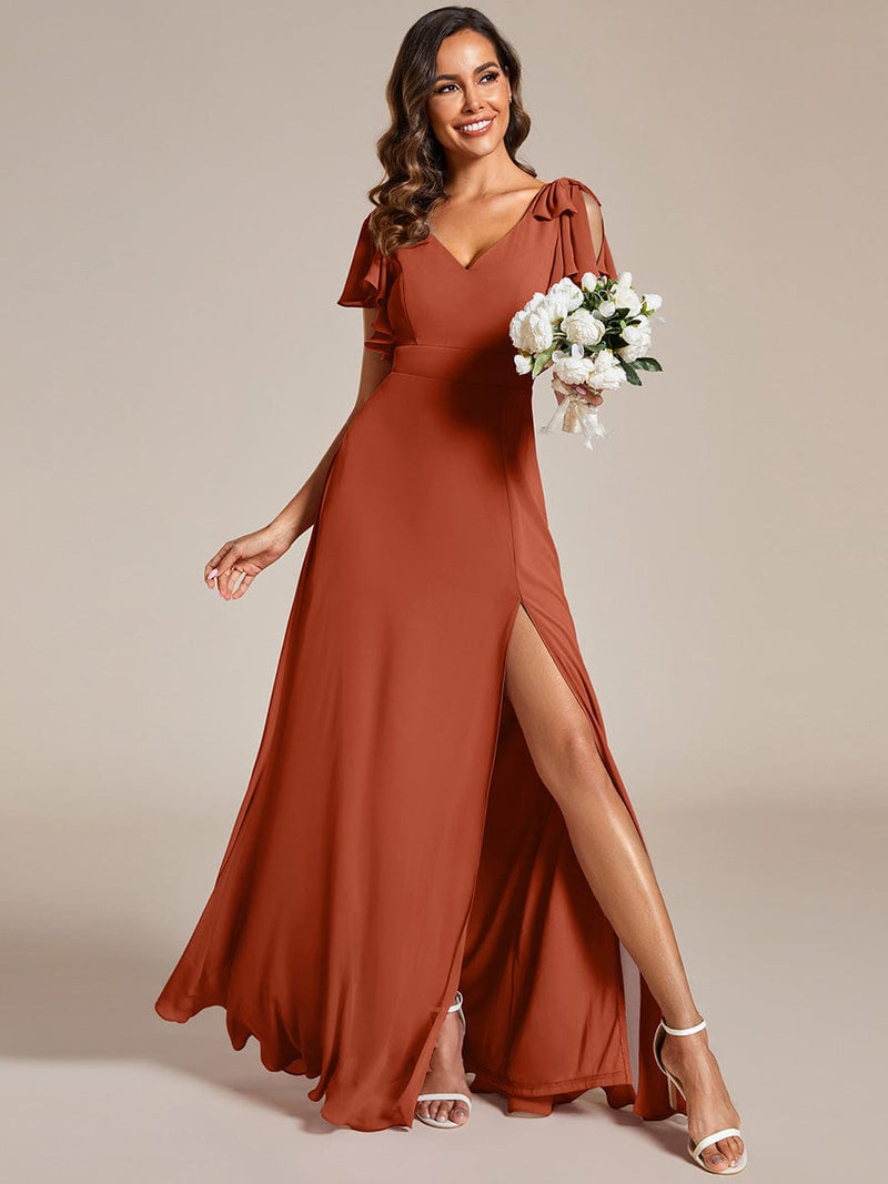 ever ROSY|Short Sleeves with Bowknot High Front Slit A-Line Chiffon Bridesmaid Dress
