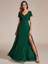 ever ROSY|Short Sleeves with Bowknot High Front Slit A-Line Chiffon Bridesmaid Dress
