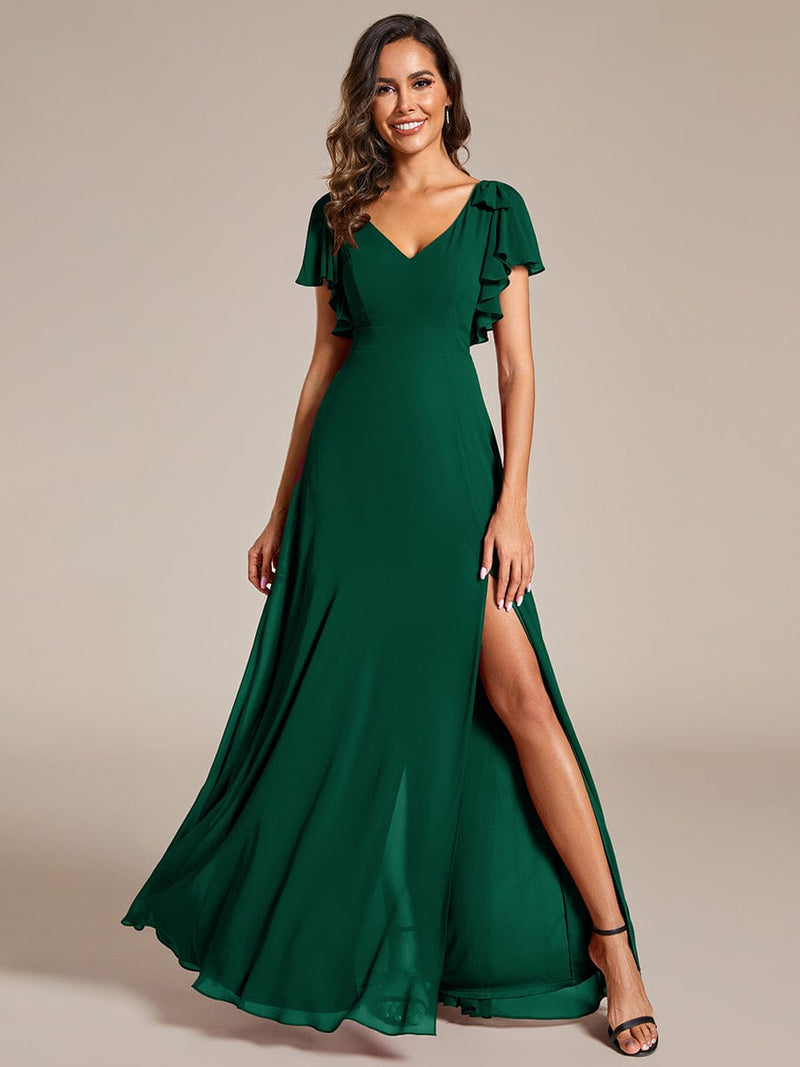 ever ROSY|Short Sleeves with Bowknot High Front Slit A-Line Chiffon Bridesmaid Dress