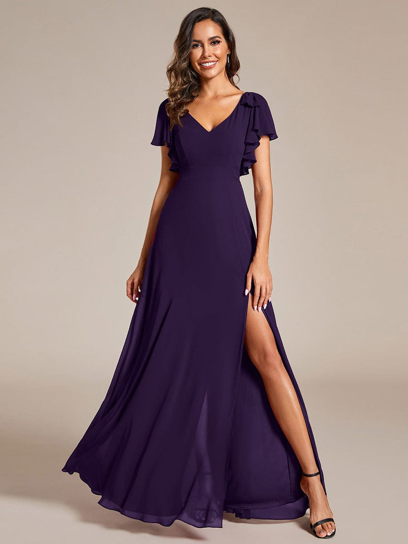 ever ROSY|Short Sleeves with Bowknot High Front Slit A-Line Chiffon Bridesmaid Dress