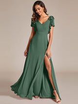 ever ROSY|Short Sleeves with Bowknot High Front Slit A-Line Chiffon Bridesmaid Dress