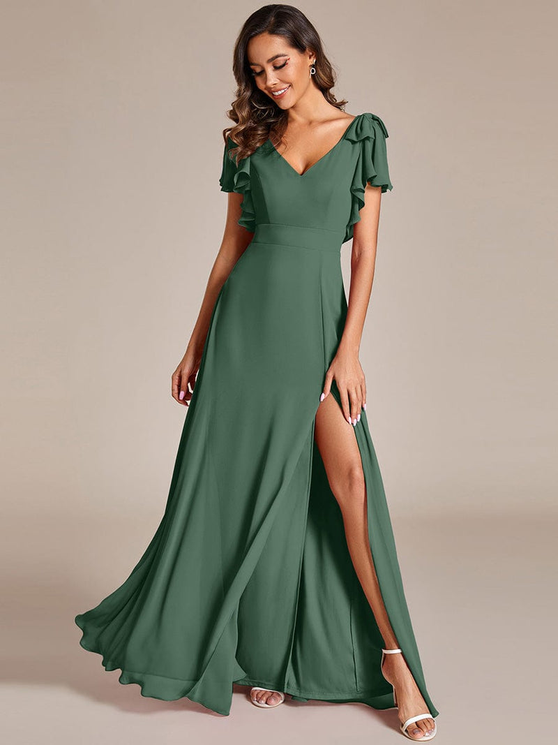 ever ROSY|Short Sleeves with Bowknot High Front Slit A-Line Chiffon Bridesmaid Dress