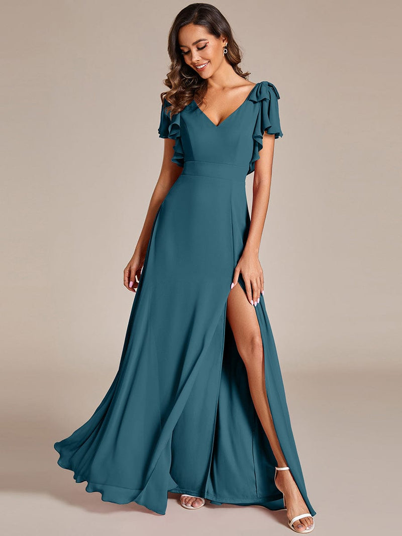 ever ROSY|Short Sleeves with Bowknot High Front Slit A-Line Chiffon Bridesmaid Dress