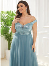 A-line Sequin Off the Shoulder Maxi Tulle Formal Evening Dress
