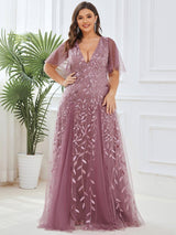 ever ASTRAL|Shimmery Ruffle Sleeves Maxi Sequin Evening Dress