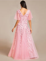 ever ASTRAL|Shimmery Ruffle Sleeves Maxi Sequin Evening Dress