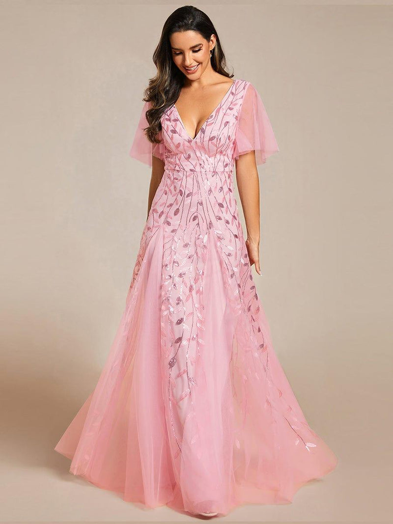ever ASTRAL|Shimmery Ruffle Sleeves Maxi Sequin Evening Dress