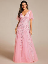 ever ASTRAL|Shimmery Ruffle Sleeves Maxi Sequin Evening Dress