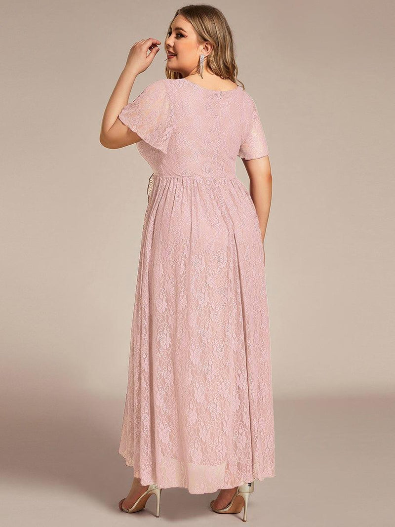 ever ELISE|Pleated V-Neck Short Sleeve Ruffled Lace Wedding Guest Dress