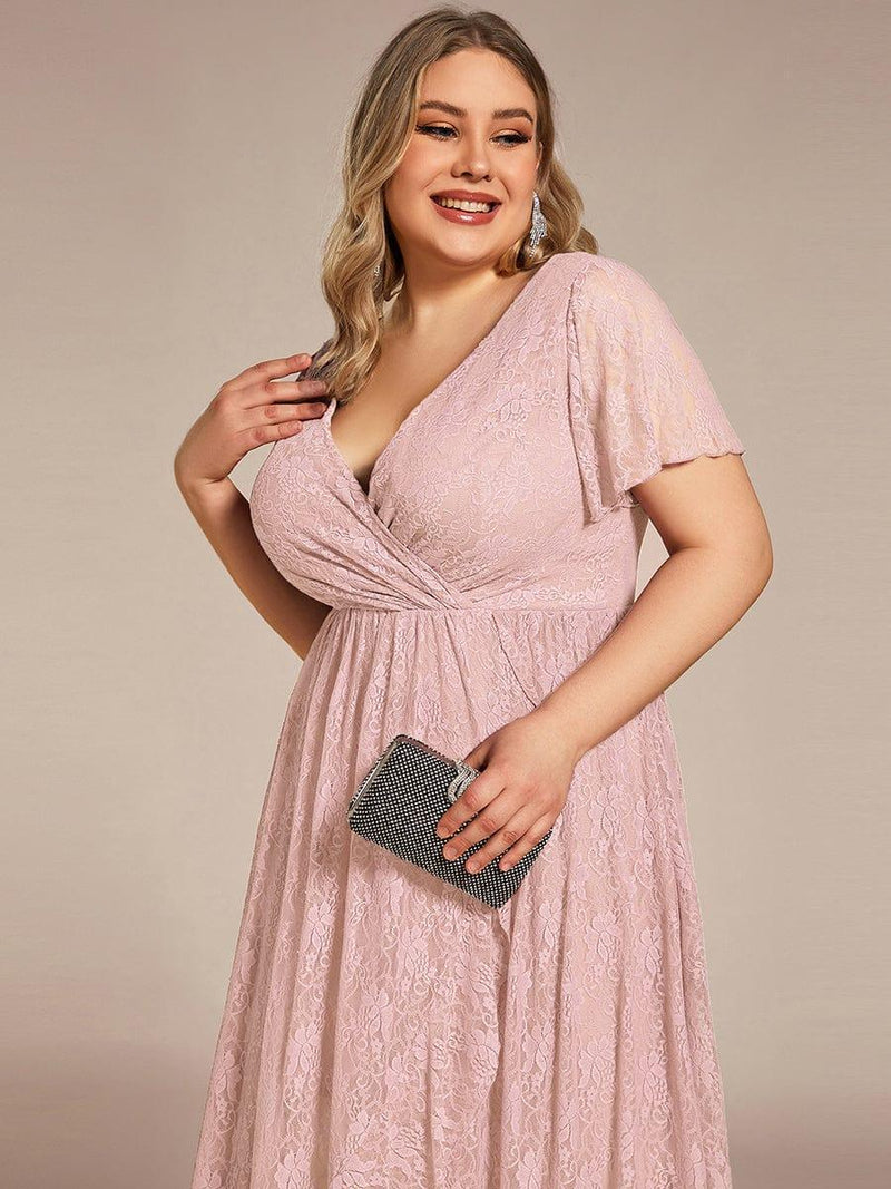 ever ELISE|Pleated V-Neck Short Sleeve Ruffled Lace Wedding Guest Dress