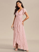 ever ELISE|Pleated V-Neck Short Sleeve Ruffled Lace Wedding Guest Dress