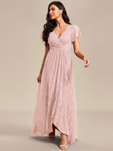 ever ELISE|Pleated V-Neck Short Sleeve Ruffled Lace Wedding Guest Dress