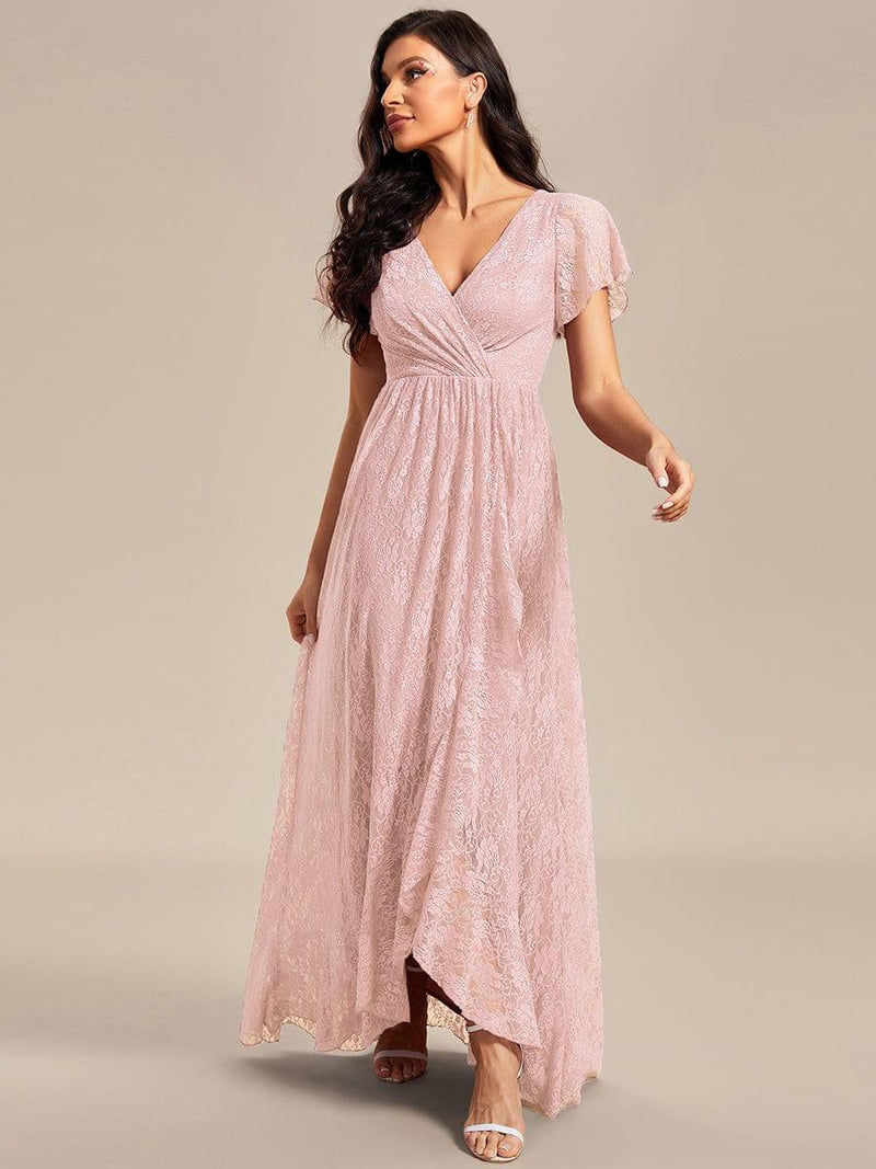 ever ELISE|Pleated V-Neck Short Sleeve Ruffled Lace Wedding Guest Dress