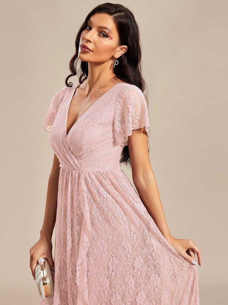 ever ELISE|Pleated V-Neck Short Sleeve Ruffled Lace Wedding Guest Dress