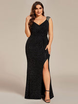 ever NOIRE|Glitter V-Neck High Slit Sequin Shoulder Strap Evening Dress