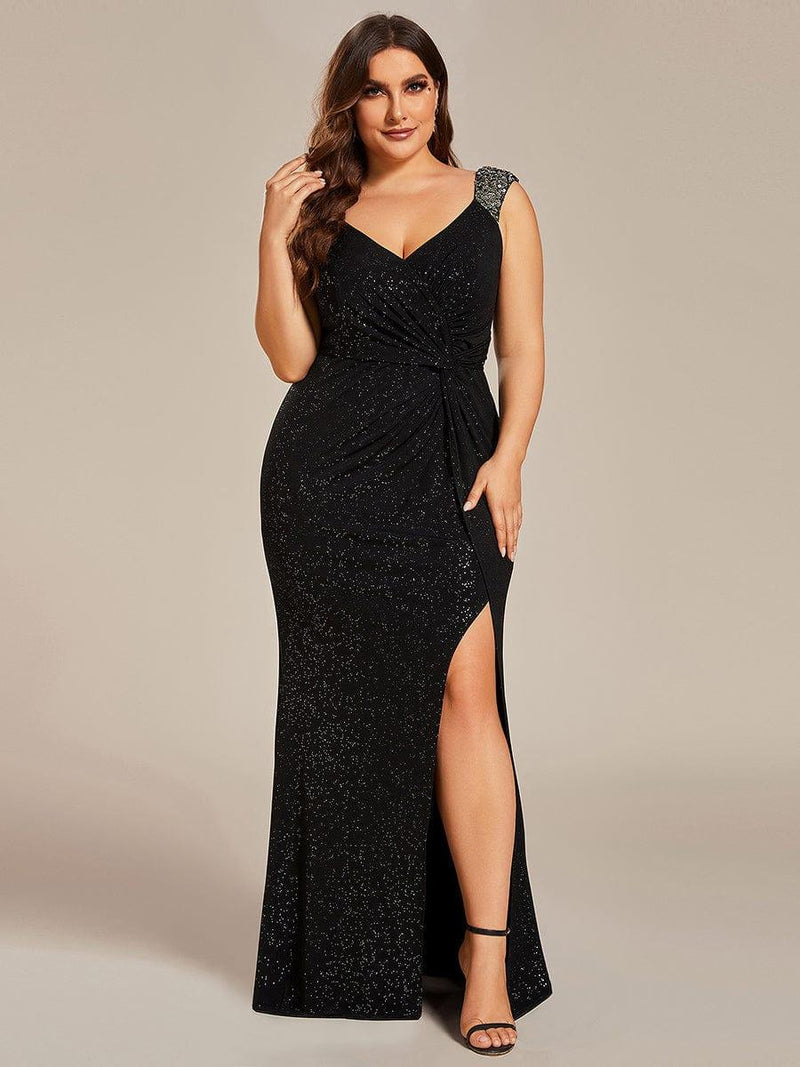 ever NOIRE|Glitter V-Neck High Slit Sequin Shoulder Strap Evening Dress