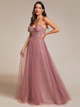 Spaghetti Straps Illusion Sleeveless A-Line Sequin Evening Dress with Tulle Cover