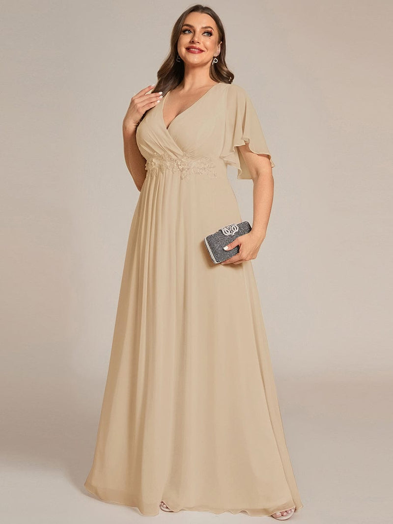 pretty IVYROSE|Plus Size Floral Applique Short Sleeve A-Line Chiffon Formal Evening Dress