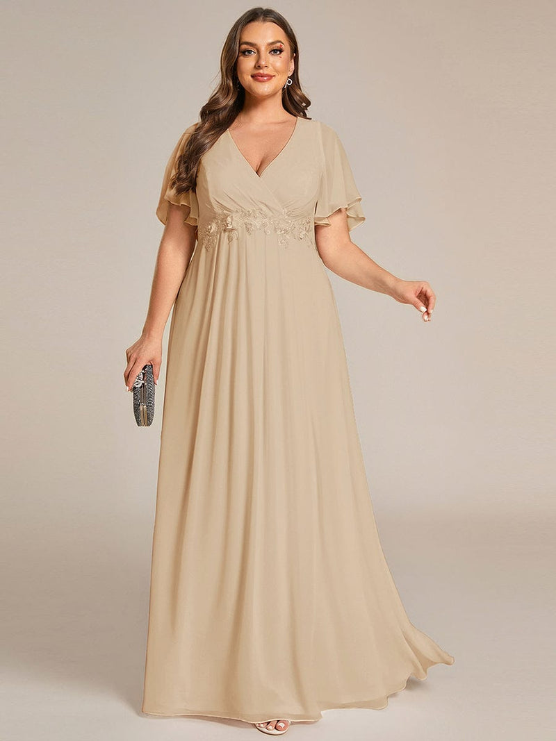 ever IVYROSE|Ruffles Sleeve A-Line Chiffon Waist Applique Maxi Formal Evening Dress