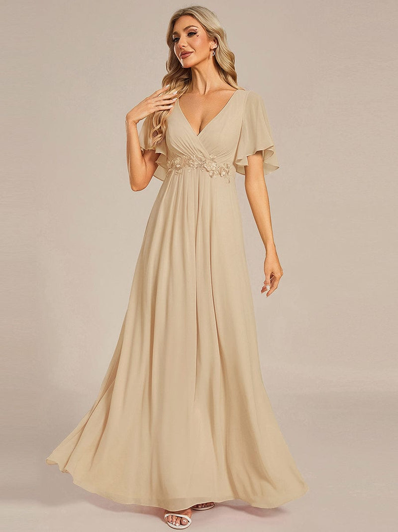 ever IVYROSE|Ruffles Sleeve A-Line Chiffon Waist Applique Maxi Formal Evening Dress