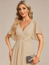 ever IVYROSE|Ruffles Sleeve A-Line Chiffon Waist Applique Maxi Formal Evening Dress