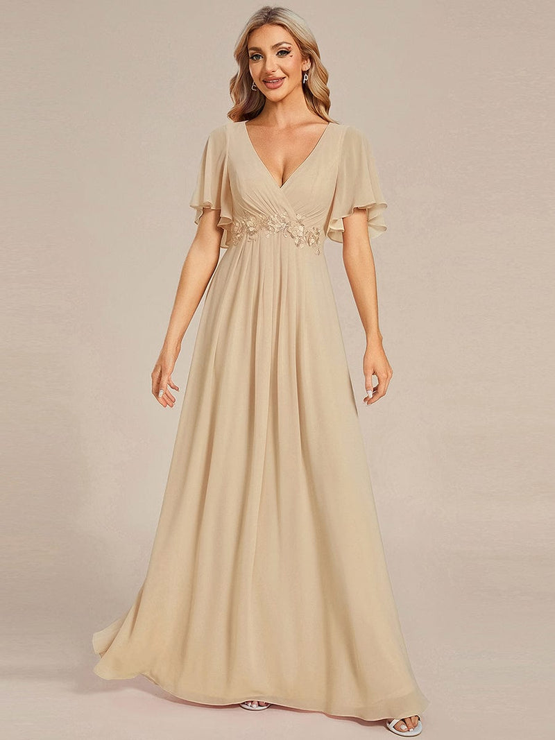 ever IVYROSE|Ruffles Sleeve A-Line Chiffon Waist Applique Maxi Formal Evening Dress