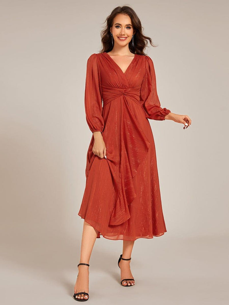 ever EMBER|See-Through Long Sleeve Twist Knot A-Line Lotus Leaf Shimmering Evening Dress